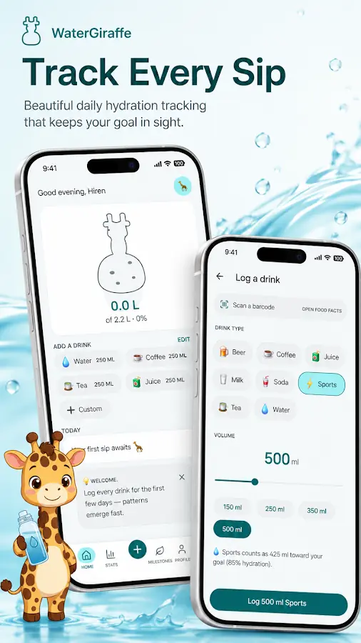 WaterGiraffe home screen and log a drink screen